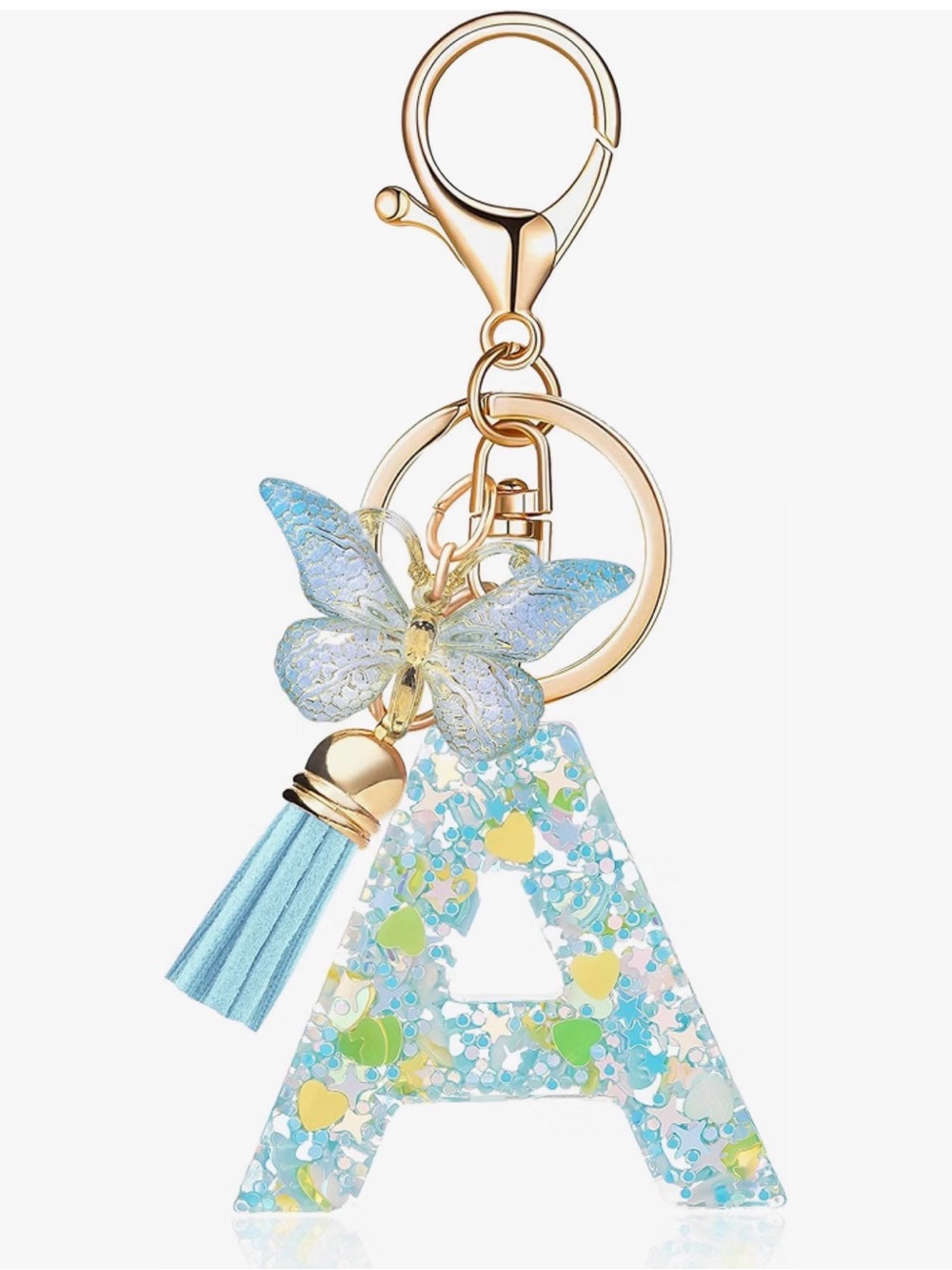 Gold-Tone Blue Butterfly & A Initial Keychain Charm